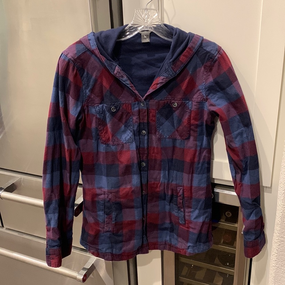 Eddie Bauer Hooded Shirt-Jacket with Pockets, dark red/blue plaid, size XS.
